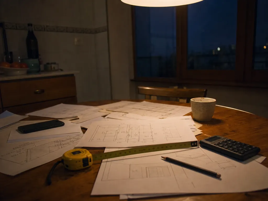 Mesa de cocina por la noche con bocetos de una reforma, medidas apuntadas, un metro y un móvil